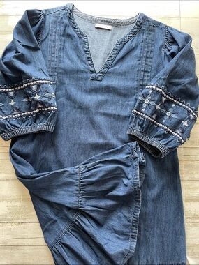 Papaya Balloon Sleeve Blue Embroidered Denim-Style Frills Midi Dress
